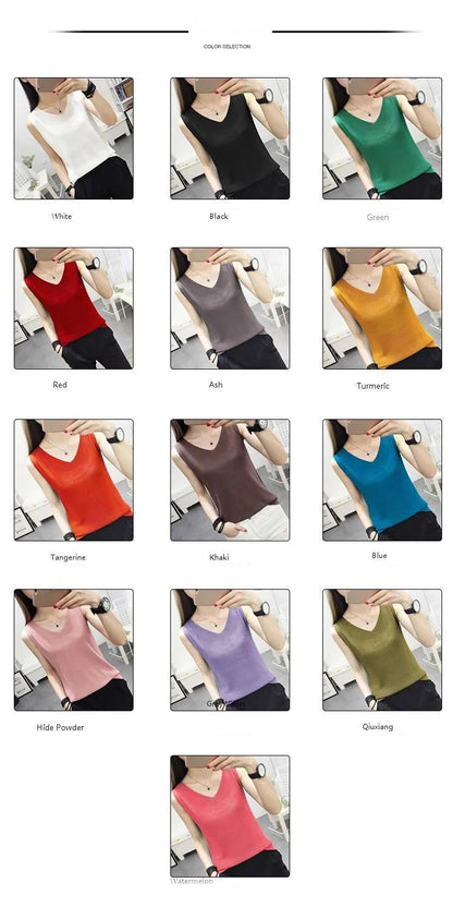 Top women Summer V Neck Hollow Knitted Vest Sleeveless Casual Tank Blusas Tops Sheer Mesh Patchwork T Shirt Bottom Camisole 2019