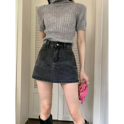 Fashion High Waist Mini Skirt Retro Slim Fit Short Skirt A-Line Casual Jean Skirt Girls