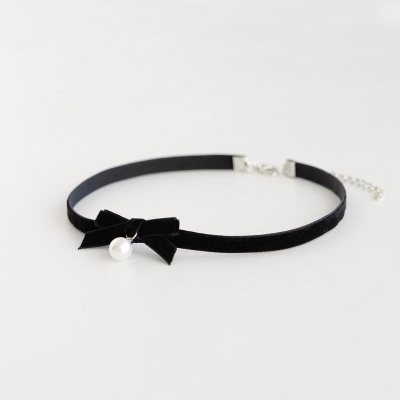 Elegant Bowknot Necklace Pearls Beads Pendant Clavicle Chain Velvets Bows Collarbone Chain Ornament for Women Girls
