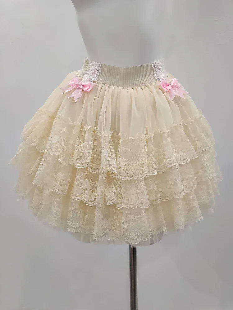Pink Skirts for Sweet Girls Summer Bows Decoration Elastic Waist Lolita Style Multilayered Lace Skirt Kawaii Clothes