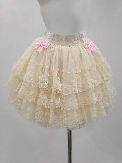 Pink Skirts for Sweet Girls Summer Bows Decoration Elastic Waist Lolita Style Multilayered Lace Skirt Kawaii Clothes