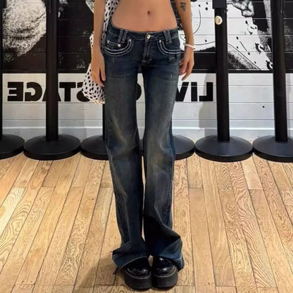 Vintage High Street Low-Waisted Jeans Women 2025 New All-Match Wide Leg Y2K Denim Trousers Female Sexy Slim Fit Flares Pants