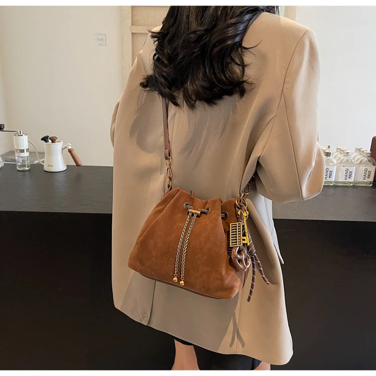 Women Vintage One Shoulder Bag Frosted Solid Drawstring Soft All-Match Bucket Bags High-Grade Versatile Commute Crossbody Packs