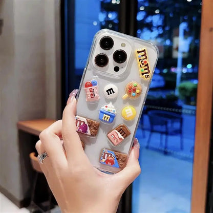 Super Cute M beans chocolate Phone Case for iPhone 16 15 14 13 12 11 Pro Max Cases Silicone Cover Transparent 3D Cartoon Funda