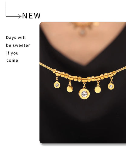 Necklace for Women Round Zircon Roman Pendant Tassel Charm Luxury Gold Plated Stainless Steel Jewelry Wholesale