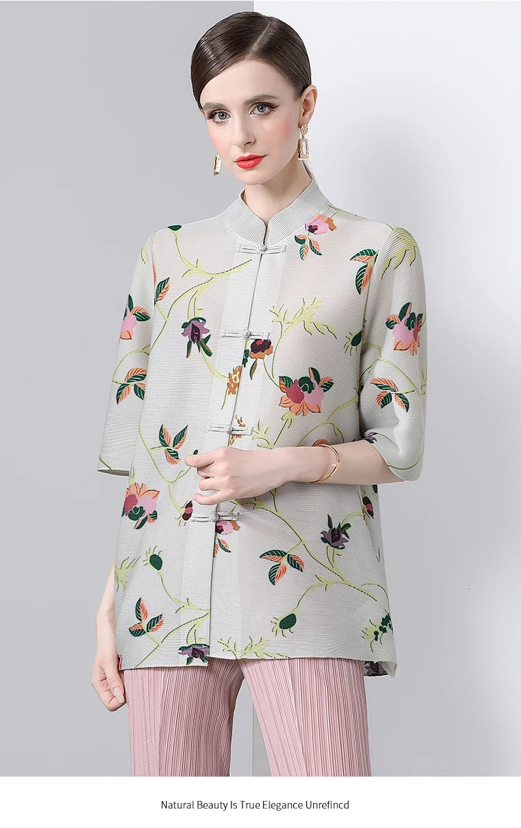 Pleated Tops for Women Summer Printed Shirts Loose Mom Wear Commuter Printed Short Sleeves Women Clothes