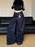 Women's Vintage Deep Blue Loose Wide Leg Jeans Street Cool Girl High Waist Baggy Pants Female Casual Straight Denim Trousers