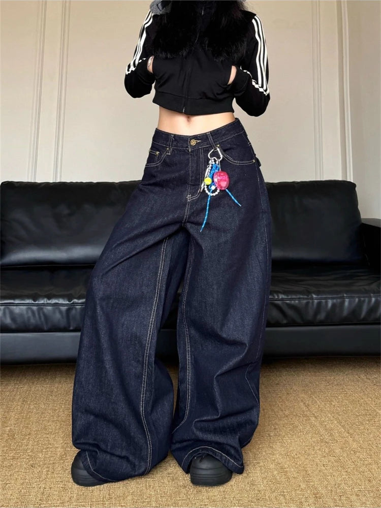 Women's Vintage Deep Blue Loose Wide Leg Jeans Street Cool Girl High Waist Baggy Pants Female Casual Straight Denim Trousers