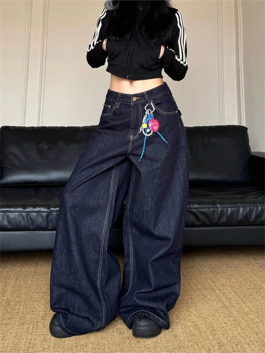 Women's Vintage Deep Blue Loose Wide Leg Jeans Street Cool Girl High Waist Baggy Pants Female Casual Straight Denim Trousers