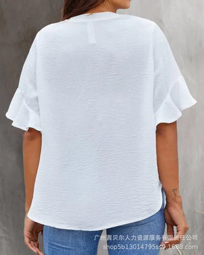 Tops Women Blouse Top Flare Sleeve V Neck Summer Casual Loose Bell Sleeve Work Simple Tees Y2k Streetwear Elegant Splice 2025