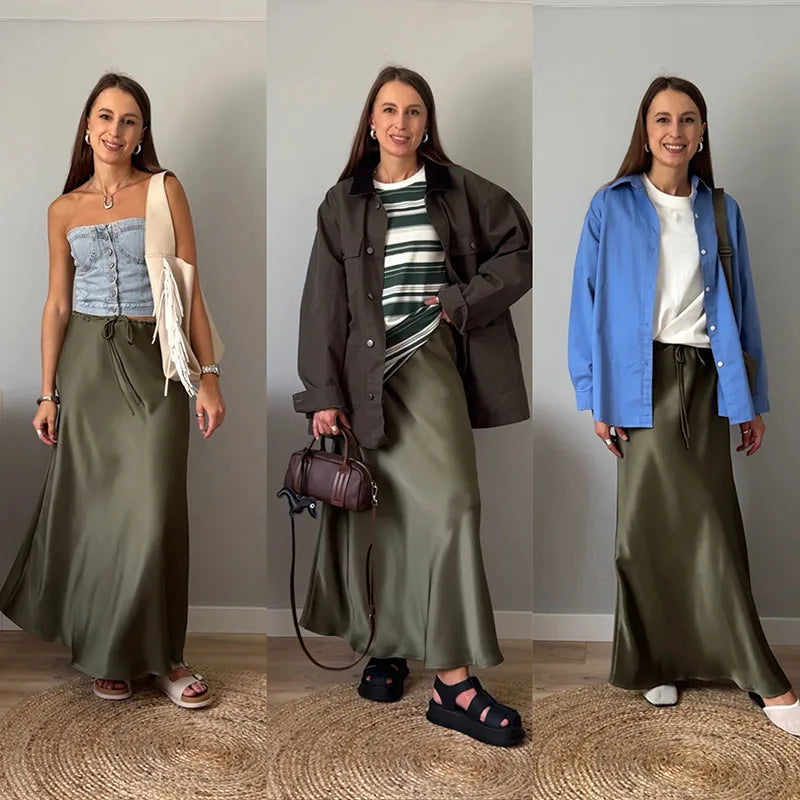 Long Black Satin Skirts Women For Work Summer Autumn Straight Brown Skirt Long Belt Coffee Formal Silk Maxi Skirt For Ladies