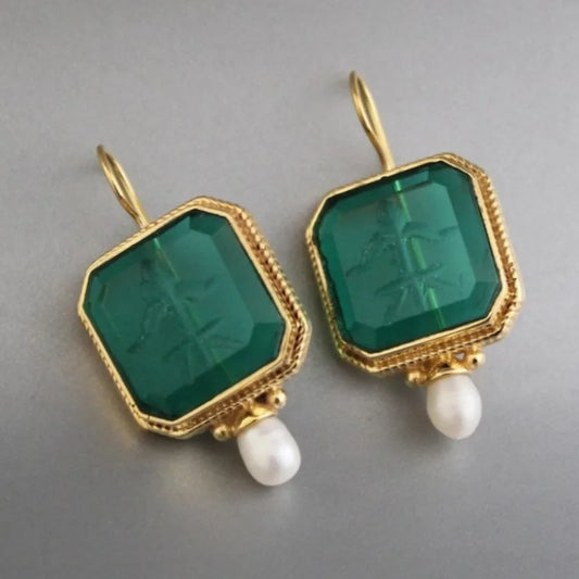 Intaglio Earrings, Blue Earrings, Vintage Jewelry, Imitation Pearl Earrings, Art Deco Earrings, Dainty Earrings, Gift for Mom