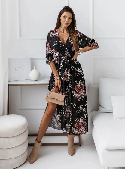 Women Dresses Sexy V Neck Retro Print Chiffon Maxi Dress Fashion Elastic Waist Side Splits Robe Elegant Long Sleeve Loose Dress