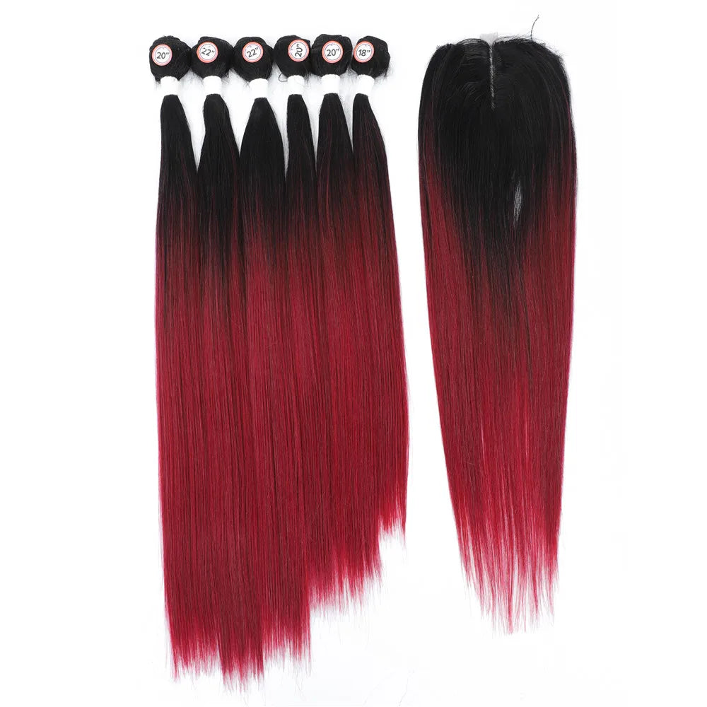 Synthetic Hair Weaving Bundles with 4*4 Clousure Lace Frontal Ombre Wig Natural Wave Straight Hair Extensions Soku Hair Weave