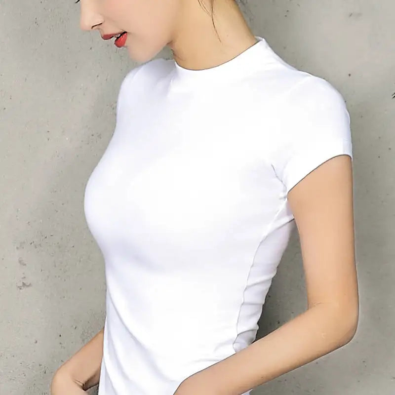 Women T-shirt Short sleeve tshirt for woman Turtleneck Solid Color Women's Top Spring Summer Cotton Shirt for womens