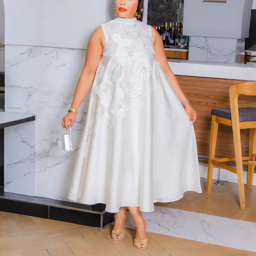 Elegant Dresses for Woman 2025 New O Neck Sleeveless Floral Decorate Straight Ankle Length Fashion Ladies Birthday Party Dress