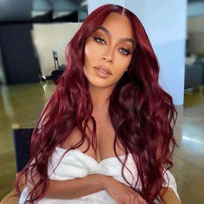 Burgundy Long Curly Wavy Red Wig Synthetic Middle Part Loose Deep Natural Wave 13X4 Wine Red Wigs for Women Daily Party Cosplay