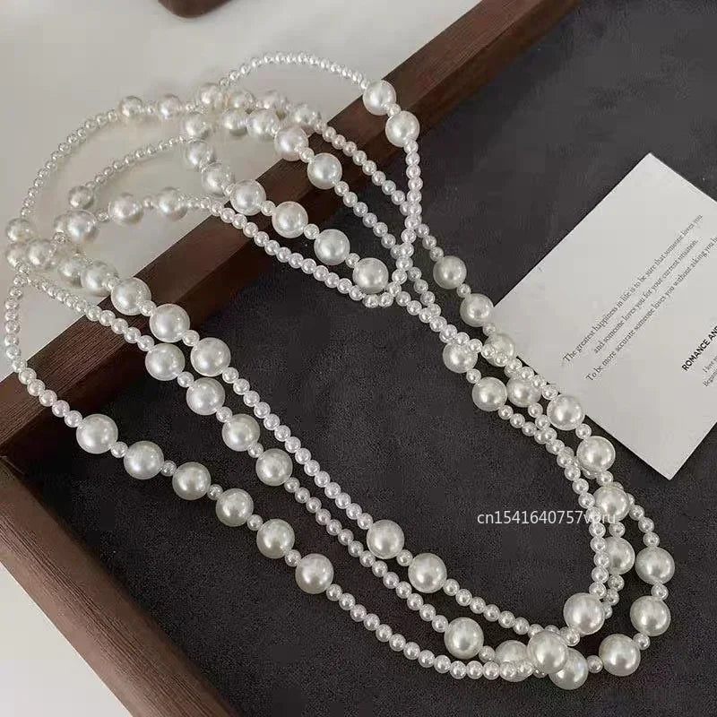 Luxury Necklace Multi-layered Pearl Necklace for Women Fashionable Long Chain Dress Accessory