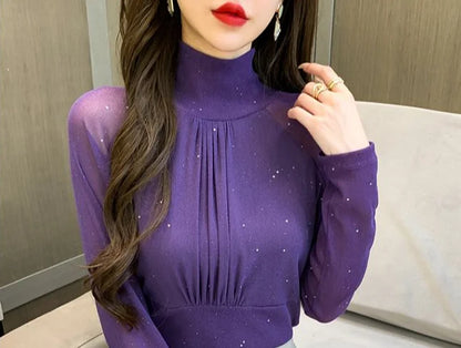 Tops Woman Autumn Winter Red Long Sleeve T Shirt for Women Rhinestone Turtleneck Glitter Sequin Cheap Clothes Elegant Clearance