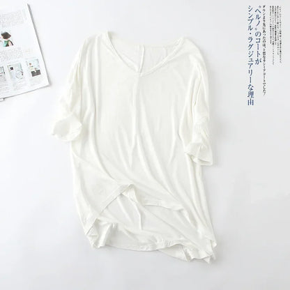 Fashion Tops Tees 2025 Summer T-shirt Women Half-Sleeve Solid Loose Shirt V-neck Oversize Basic Top Shirts for Women Casual