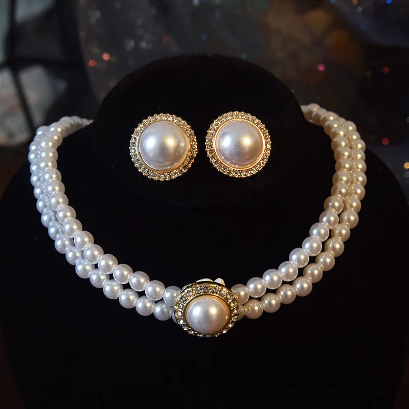 Women Elegant Pearl Double Layers Necklace Earrings Exquisite Vintage Classic Chains For Lady Party Wedding Retro Jewelry Choker