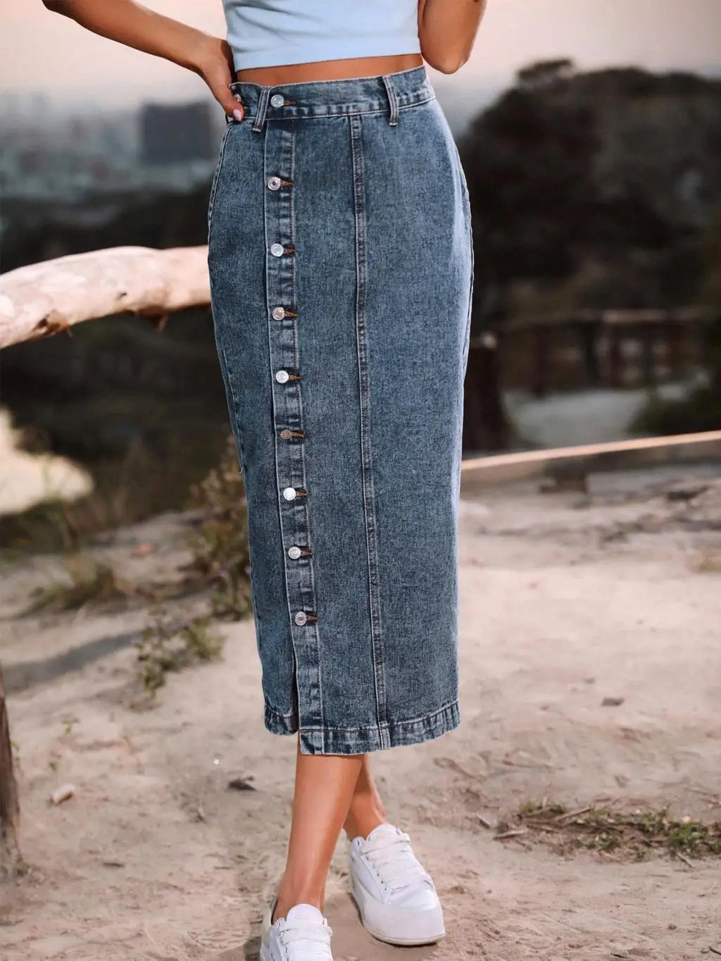 Women's Maxi Pencil Jean Skirt High Waisted A-Line Long Denim Skirts Ins Button Down Side Split Hem Stretch Blue Jean Skirt