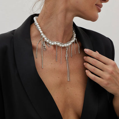 Necklaces for Women Heart-shaped Cross Imitation Pearl Tassel Long Necklace Colliers Femmes Girl Stuff