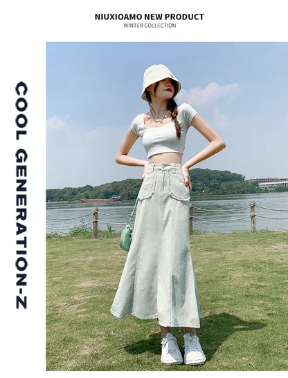 Apricot Denim Skirt Summer Women's 2024 New High Waist Slim Fashion Design Pocket Hip A-line Ankle-length Jean Skirt