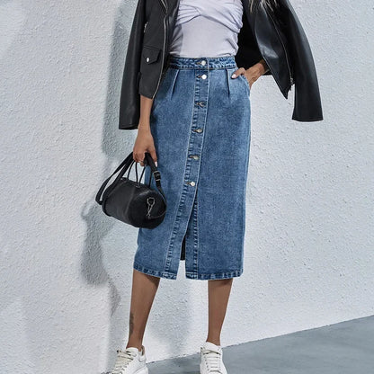 Women Streetwear Casual Pocket High Waist Straight Jean Skirts New Single Breasted Knee All-match Length Denim Skirt Female