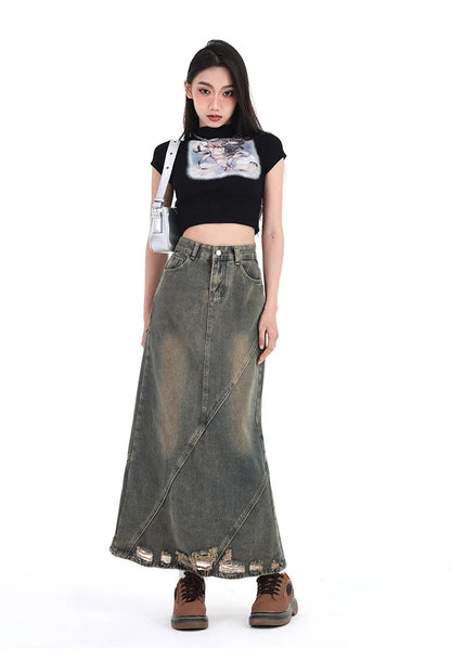 Women Denim Skirt Y2k Emo 2000s Clothes Long Skirt Harajuku Korean 90s Fashion Vintage Gradient A-line Jean Skirt Grunge Clothes