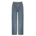 Women's Vintage Washed Loose Straight Low-Rise Elastic Waist Patchwork Cargo Jeans with Cuffed Pockets Trendy Streetwear Casual