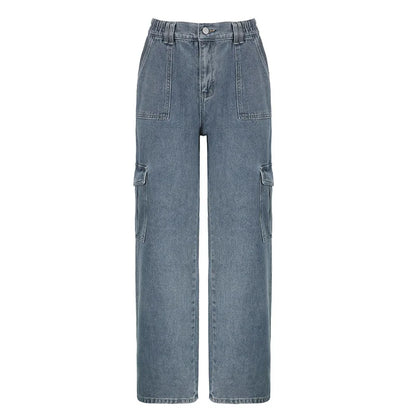 Women's Vintage Washed Loose Straight Low-Rise Elastic Waist Patchwork Cargo Jeans with Cuffed Pockets Trendy Streetwear Casual