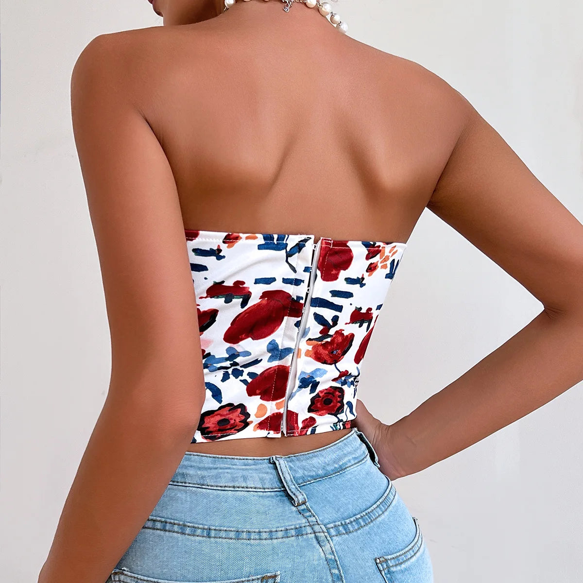 Women Floral Top Sexy Spicy Girl Tank Top Low cut Open Back Flower Wrapped Chest Diamond Fish Bone Strap Waist Vest Tank Top