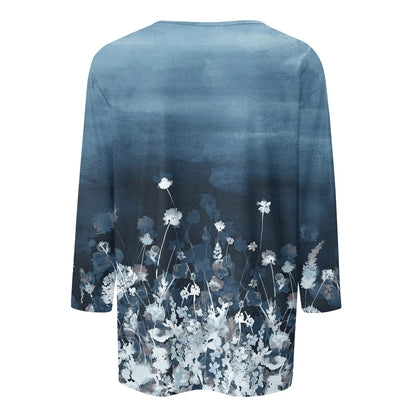 2024 Women Summer Tops Comfortable T Shirt Fashion Flower Print Round Neck 3/4 Sleeve Tops Soft Versatile Pullover Ropa De Mujer