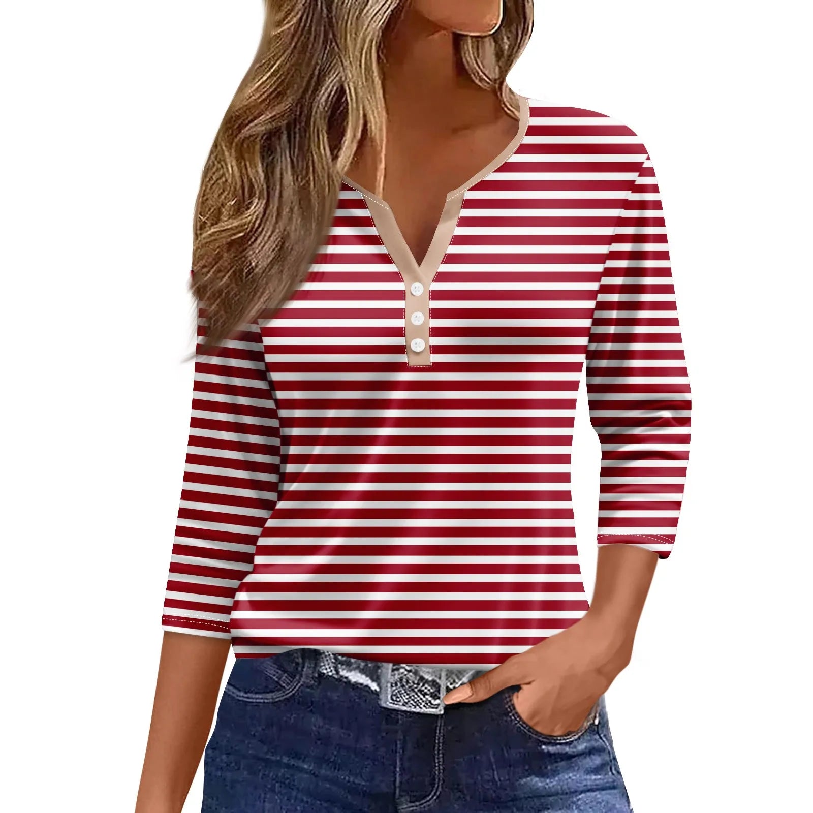 Tops For Women Women'S T Shirt Tee Print Button 3/4 Sleeve Daily Weekend Fashion Basic V Neck Regular Top Ropa De Mujer New