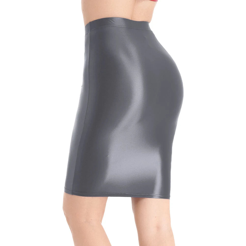 Mini Skirts Skirt For Women Autumn Bodycon Clubwear Glossy Shiny Stretchy Summer Tight Fitting High Waist Knee-length