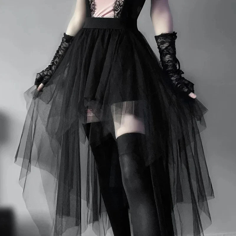 Casual Skirts Punk Sexy Net Yarn High-Waisted Irregular Skirt for Women Summer New European and American Gothic Style Versatile
