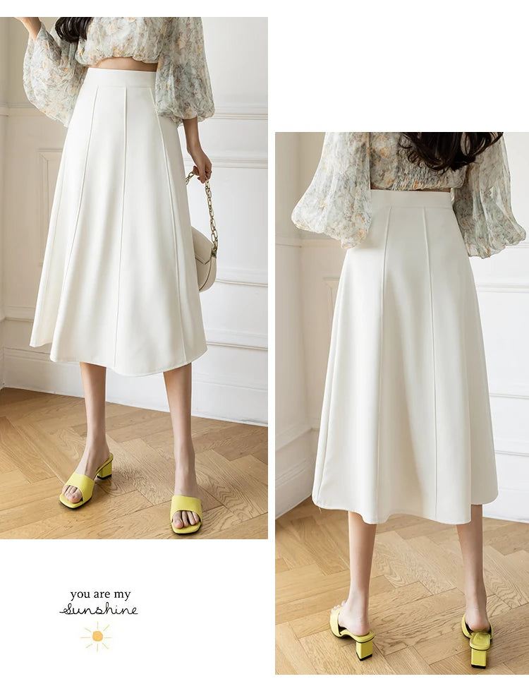 Women's Skirt 2025 Spring Women High Waist Solid Vintage Girl's Waist Down Skirt Knee-length A-line Fashion Thin Skirt for Women