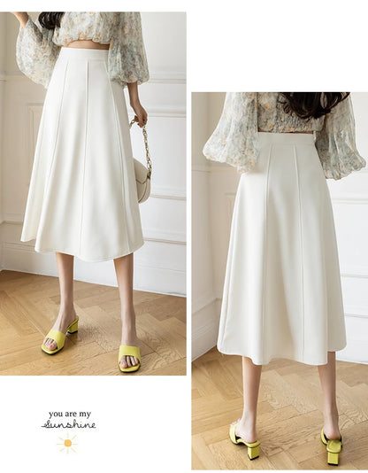 Women's Skirt 2025 Spring Women High Waist Solid Vintage Girl's Waist Down Skirt Knee-length A-line Fashion Thin Skirt for Women