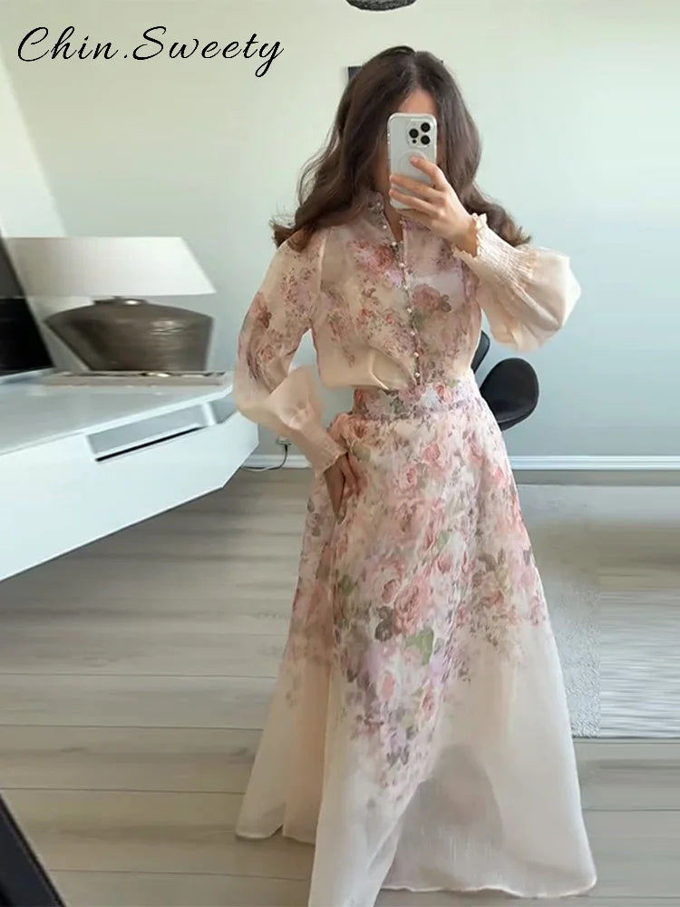 Elegant Floral Printed Long Skirts Set Women Loose Full Sleeve Single Breasted Shirts Pleated Skirt 2025 Summer Lady New Suits