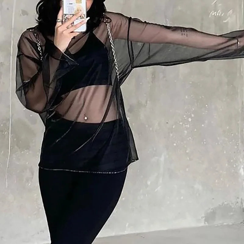 See Through T Shirts For Women Y2k Clothes Sexy Crop Tops Long Sleeve Oversized Tshirt O-Neck Club Outfit Reflective Egirl Tees