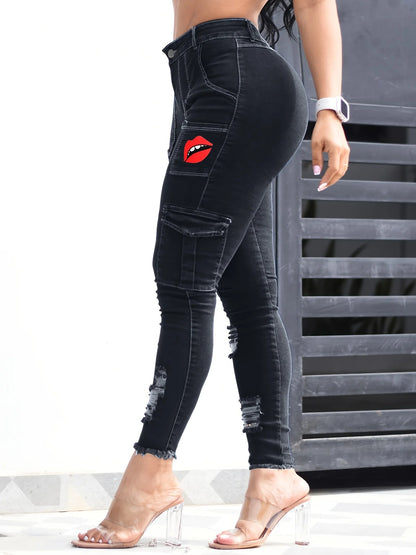 Women's Blue Elastic Jeans With Waist And Hip Lift Tight Little Fee Hairy Edges Sexy Overalls Multi-pocket Pants Lipstick Print