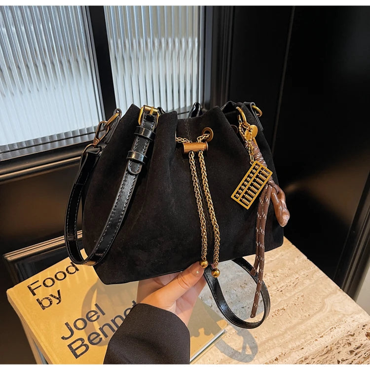 Women Vintage One Shoulder Bag Frosted Solid Drawstring Soft All-Match Bucket Bags High-Grade Versatile Commute Crossbody Packs