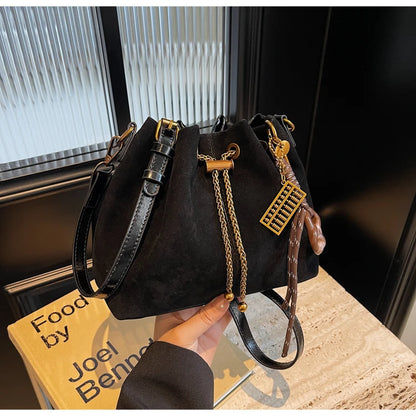 Women Vintage One Shoulder Bag Frosted Solid Drawstring Soft All-Match Bucket Bags High-Grade Versatile Commute Crossbody Packs