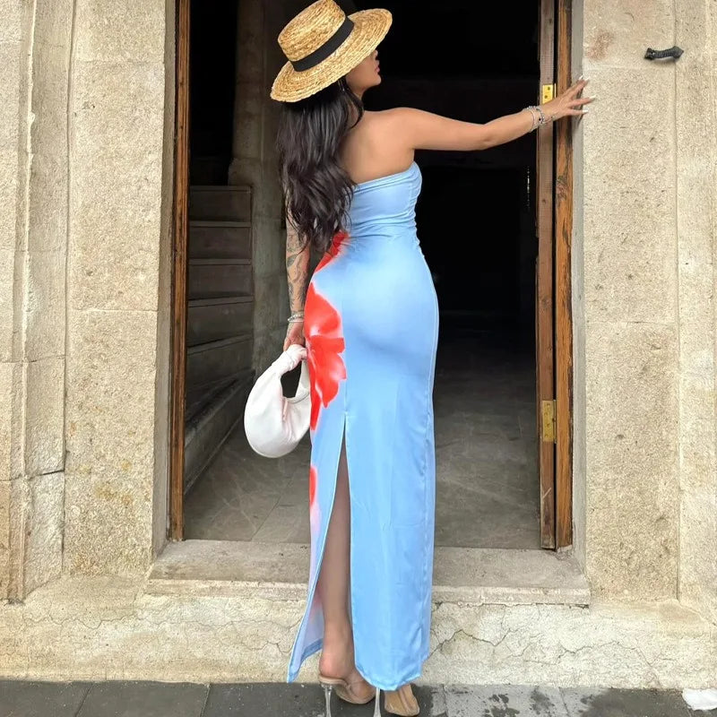 Women's Dresses Summer New Streetwear Fashion Print Casual Slim Dress Sexy Off Shoulder Elegant Female Club Party Dress Clothing