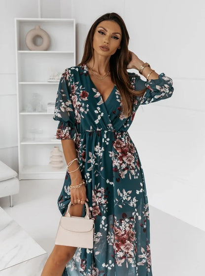 Women Dresses Sexy V Neck Retro Print Chiffon Maxi Dress Fashion Elastic Waist Side Splits Robe Elegant Long Sleeve Loose Dress