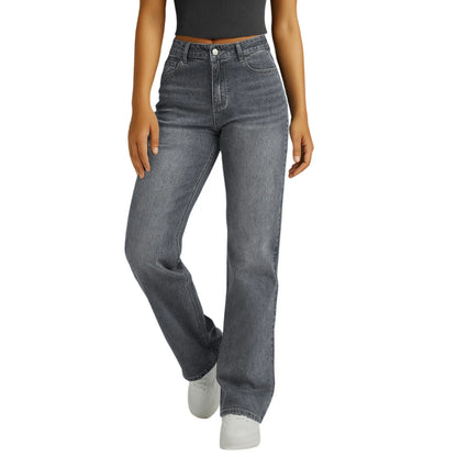 Jeans Women Straight Long Pants Casual Floor Length Mom Pant Blue High Waist Elegant Zipper Fly Pockets Slim Y2k Denim Trousers