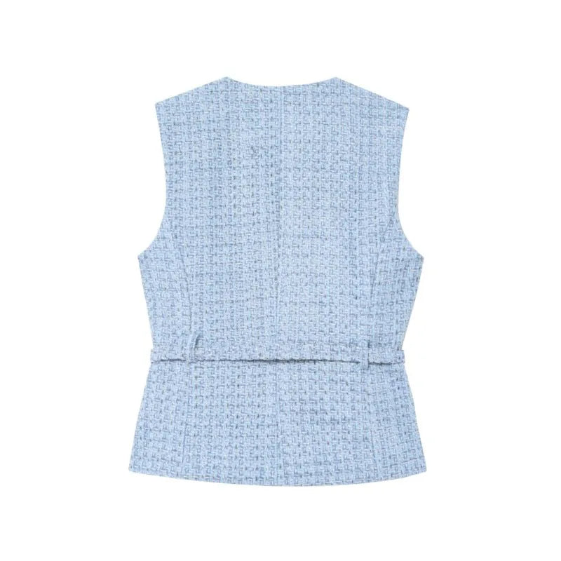 Women's Tweed Waistcoat With Belt, O Neck, Sleeveless, Front Button, Female Outerwear, Chic Tops, Fashion