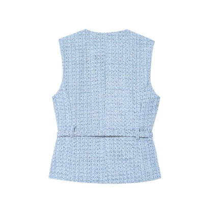 Women's Tweed Waistcoat With Belt, O Neck, Sleeveless, Front Button, Female Outerwear, Chic Tops, Fashion