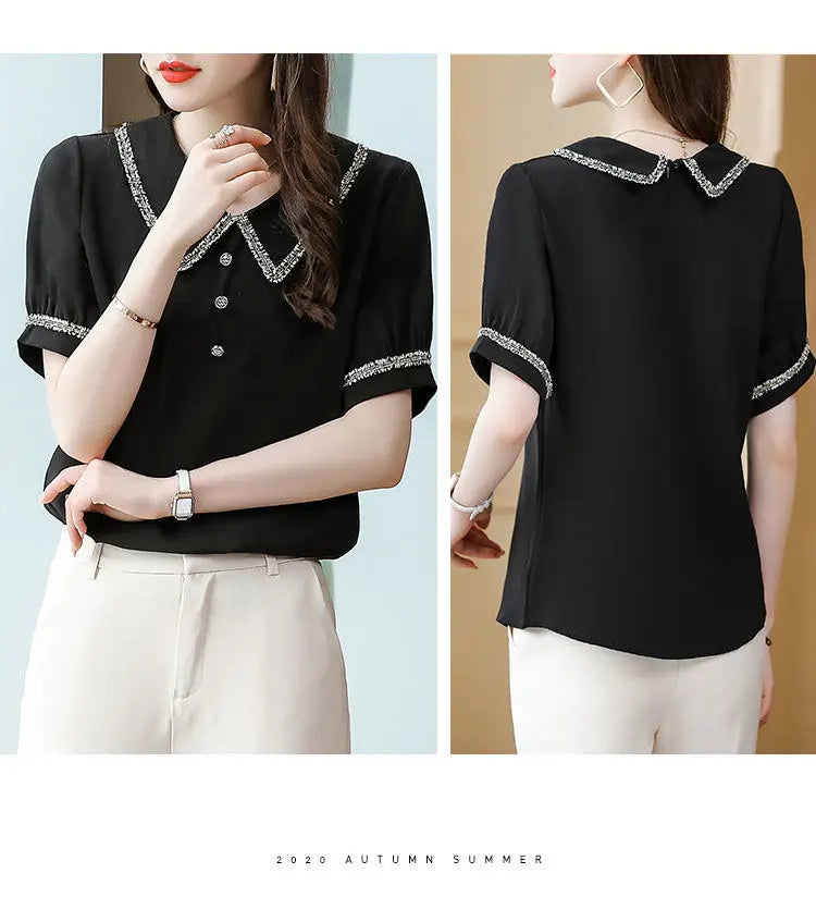 Top for Woman Office Outfits Clothing Black Women's Shirts and Blouses Chiffon Wear To Work Formal Collar Short Sleeve New 2024